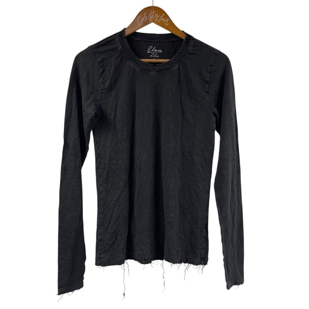 Elan Women's Black Long Sleeve Top Raw Hem Distressed Lightweight